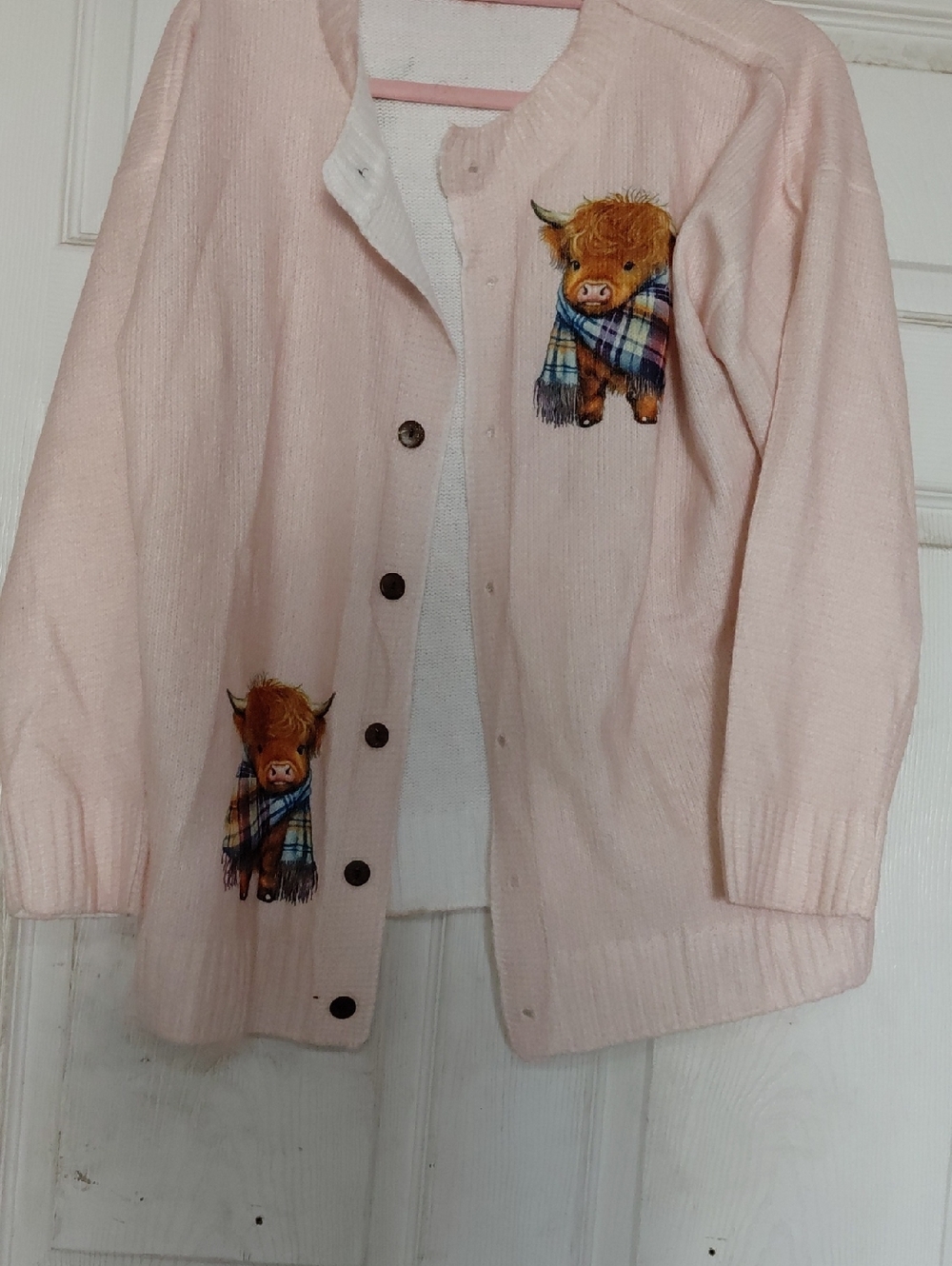 Womens Light Pink Knit Cardigan with Highland Cow
